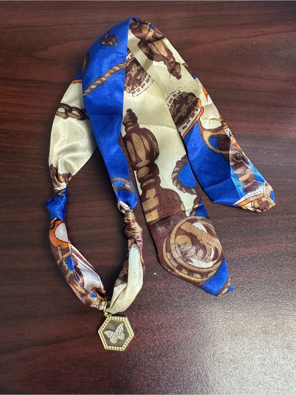 Silk-Feel Blue and Cream Patterned Neck Scarf Necklace with Gold Charm